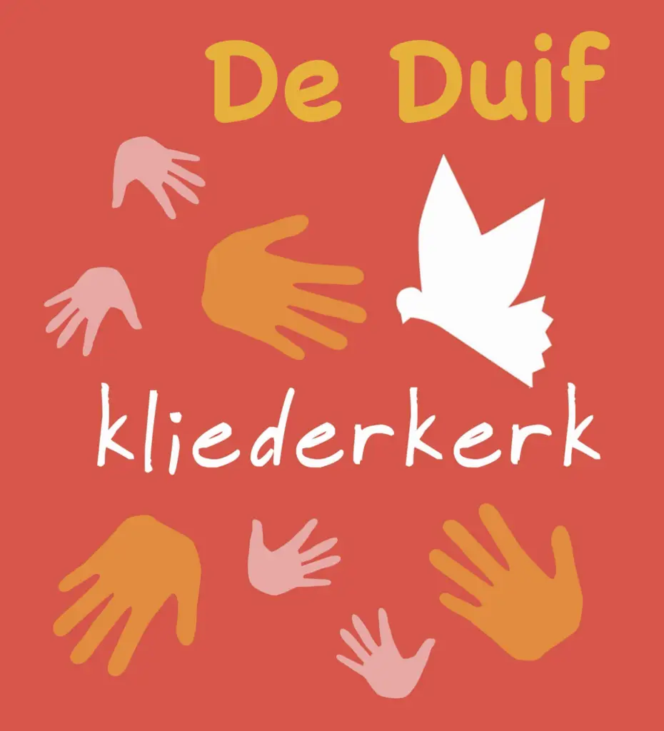 het logo van Kliederkerk De Duif met daarop 7 handen en een witte gestileerd vormgegeven duif