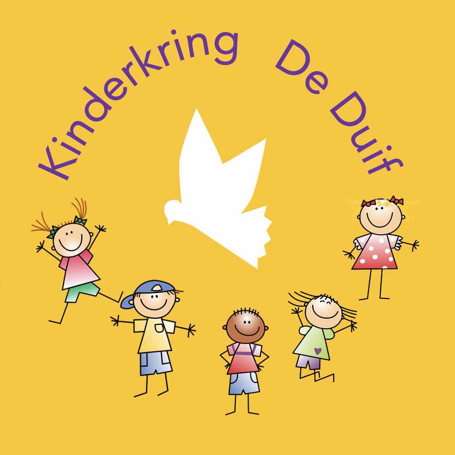 logo Kinderkring De Duif met daarop 5 getekende kinderen en een witte gestileerd vormgegeven witte duif